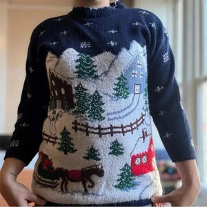 Vtg 80s Ugly Christmas Sweater Women Blue  Snowflakes USA Made Sz S 100% Acrylic